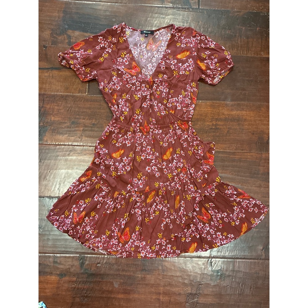 Madewell Butterfly Floral Wrap Mini Dress Womens 2 Burgundy Ruffle CV22112